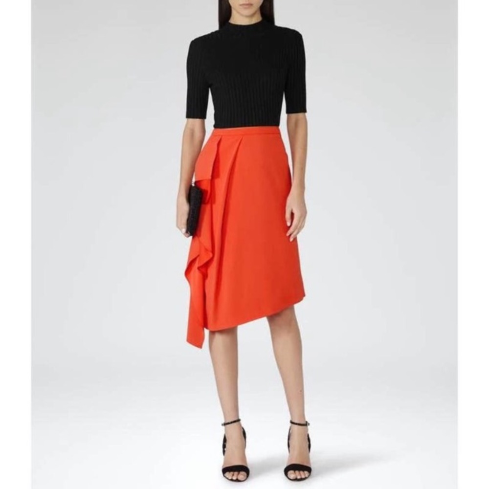 REISS Dita Asymmetrical Midi Skirt Orange Waterfall Ruffle Draped Crepe Womens 8